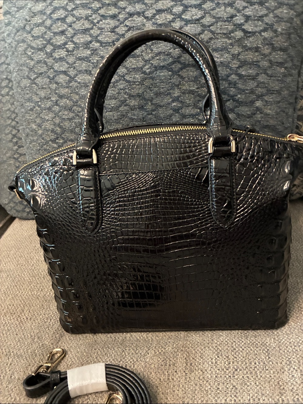 Brahmin Black Croc-Embossed Patent Leather Satchel with Gold Accents - Picture 3 of 5